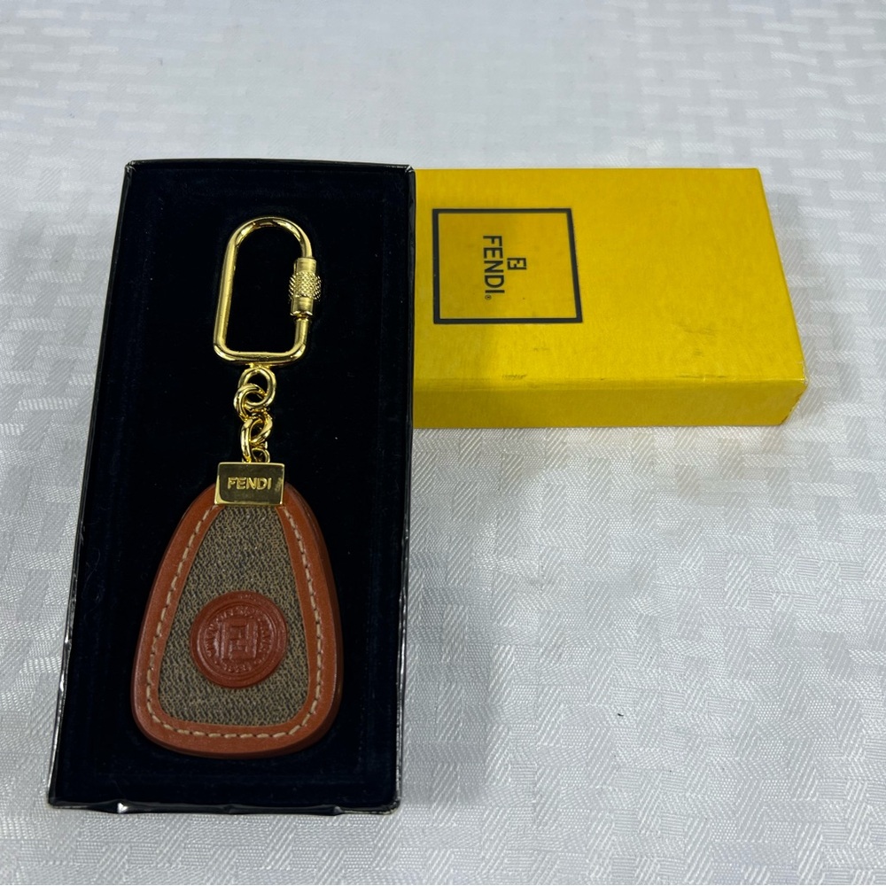 Vintage Fendi FF Logo Canvas Leather Keychain Bag Charm With Box